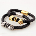 Hot Selling Jewelry Black Leather Cord Leather Braided Stainless Steel Jewelry Lion Head Bracelet Bangle